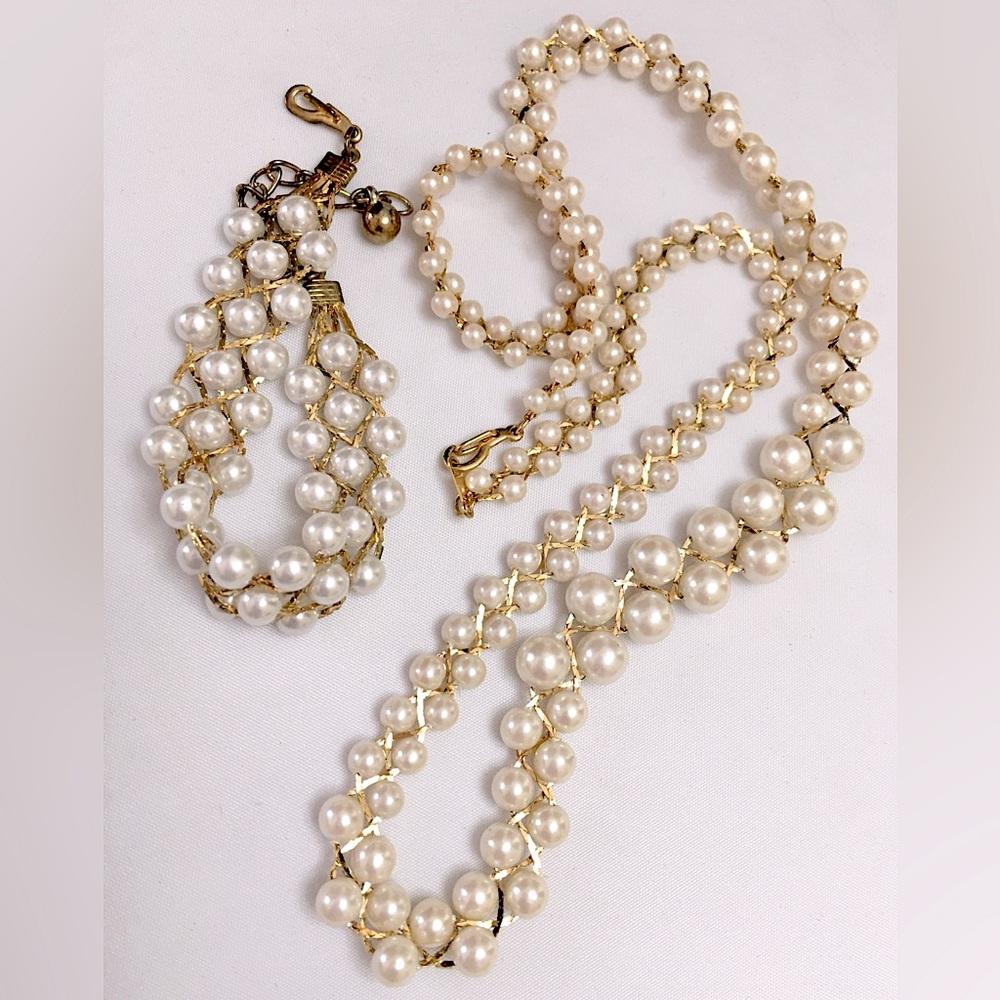Vintage Woven Gold Chain Pearl Necklace And Bracelet Set